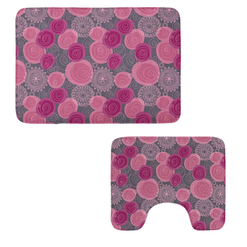  Pink and Grey Bathroom Rug Set 2 Pieces Rectangle & Contour Mats Fuchsia Magenta Grey