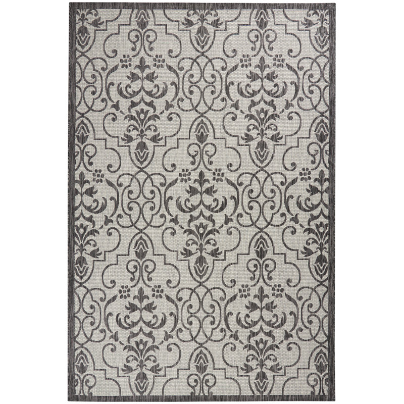 Tapis intérieur / extérieur ivoire / gris anthracite tissé à la machine Trofin, Rectangulaire 7 pi x 10 pi