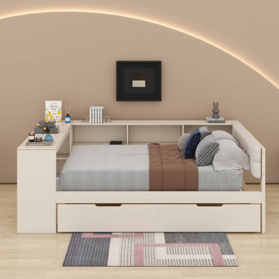 Full Size Platform Bed With Shelves, Drawers, Charging Station And Upholstered Headboard