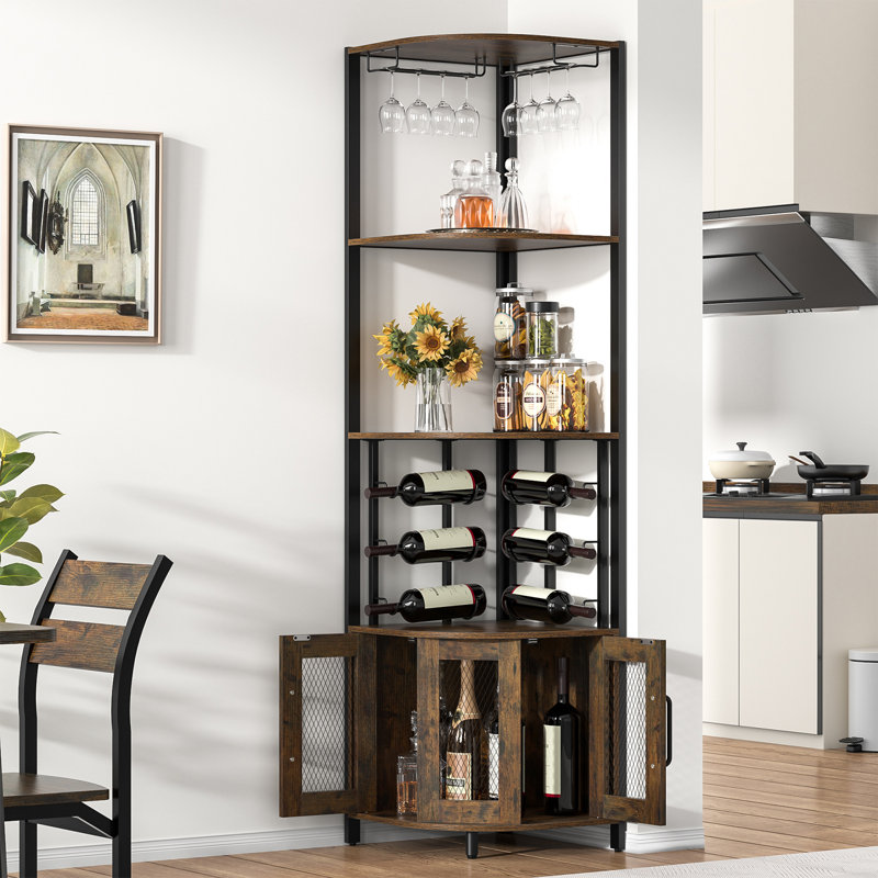 65"H Industrial Style Brown Wood Corner Bar Cabinet with Wine Glass Rack and Storage Cabinet