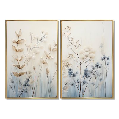 Beige et bleu, herbes, harmonie minimale - 2 feuilles d'art floral