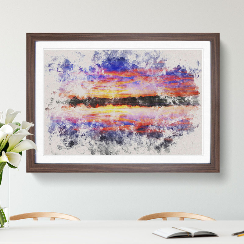 Evening Sunset Watercolour - Picture Frame Graphic Art, 27cm H x 36cm W x 2cm D, Walnut