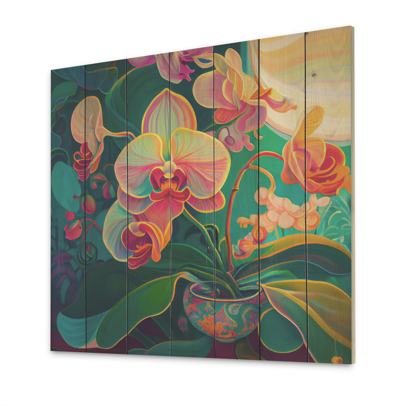 Orchidée en fleurs dans des couleurs vives rétro III - impression, H 30 po x l 30 po x P 1 po, Bois