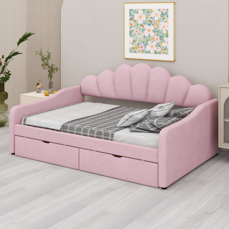 Upholstered Daybed With Elegant Shell-Shaped Backrest & Built-In Storage Drawers, Pink