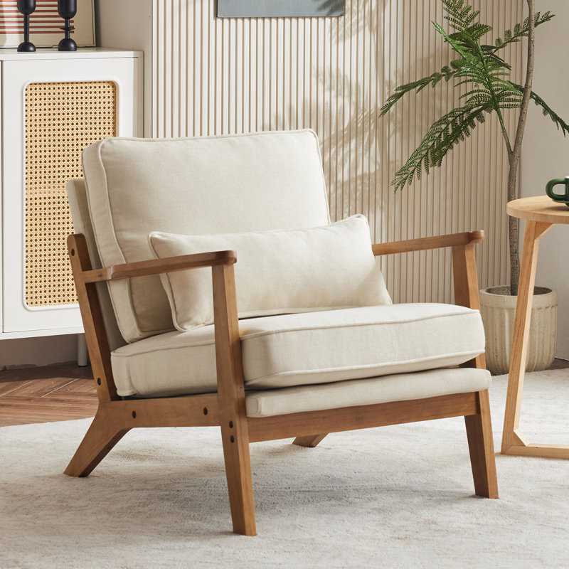 Chaise d'appoint rembourrée avec pieds en bois et un coussin Lemley, Lin beige