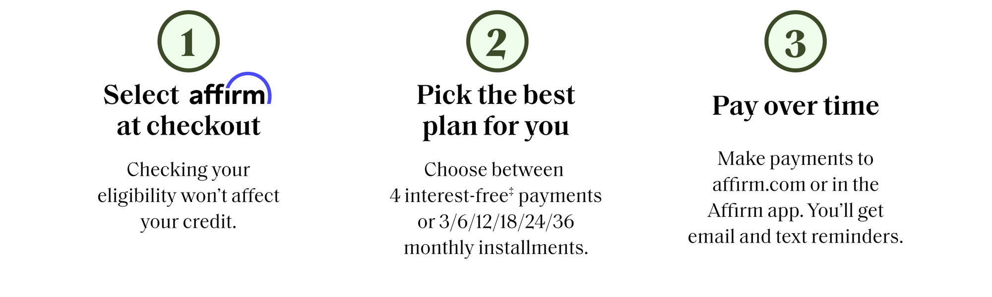 1. Select Affirm at checkout. Checking your eligibility won’t affect your credit. 2. Pick the best plan for you. Choose between 4 interest-free payments or 3/6/12/18/24/36 monthly installments. 3. Pay over time. Make payments to affirm.com or in the Affirm app. You’ll get email and text reminders.