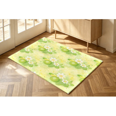 Tapis à motif floral de citronnelle artistique vert, motif de fleurs d'agrumes frais, tapis antidérapant doux et durable lavable à la machine, décoration intérieure élégante pour le salon, la chambre à coucher, l'entrée, la cuisine, appartement