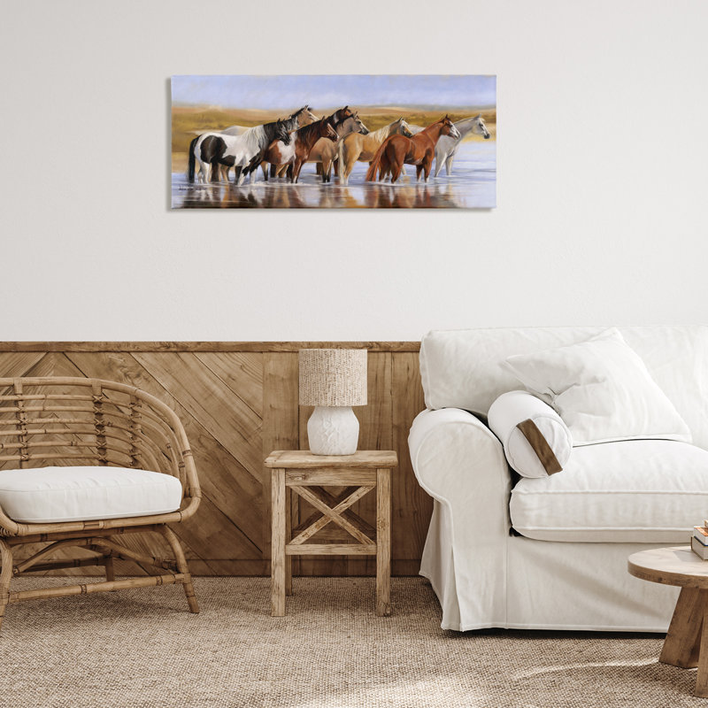 «Horse Herd in River», art mural sur toile par Victoria Schultz, H 17 po x l 40 po