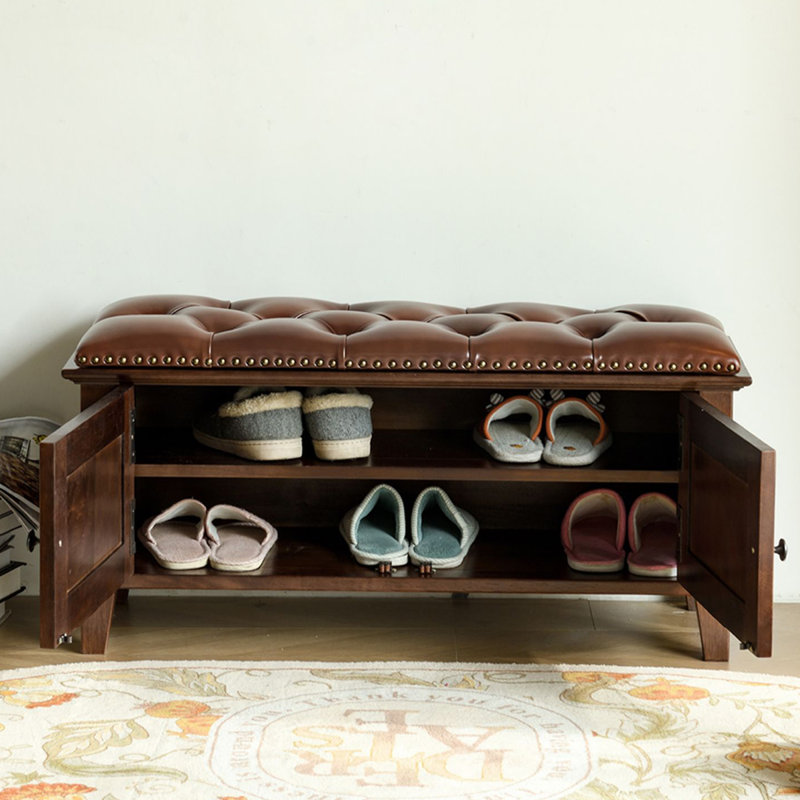  Banc de rangement pour chaussures en cuir de style rétro, Noyer