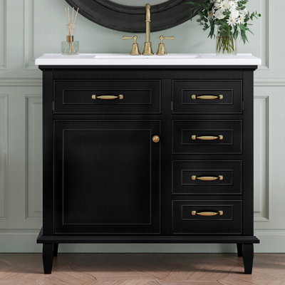 Meuble-lavabo de 36 pouces avec comptoir en céramique, structure en bois massif, armoire en bois aggloméré et peuplier, tiroirs rabattables, tablette réglable et poignées en alliage de zinc, armoire de rangement autoportante (robinet non inclus)