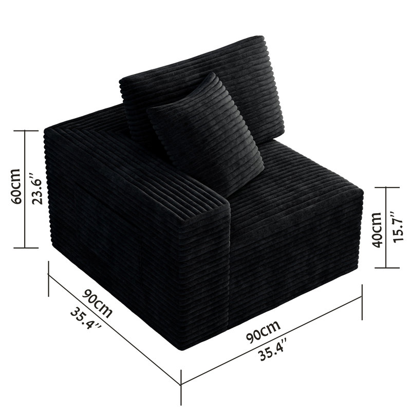 Boneless Abdou 35.4" Compression Corner Sofa, Corduroy Cloud Couch, Black