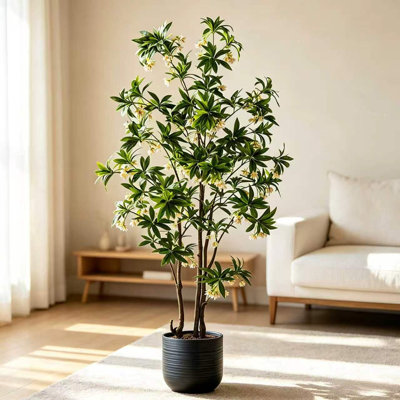 Light luxury artificial flowering tree with bendable branches, yellow-green foliage and flowers, equipped with plastic flower pot.