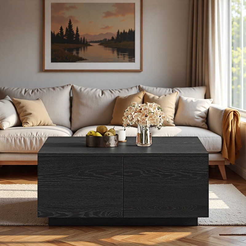 Table basse moderne carrée avec 4 tiroirs, Noir