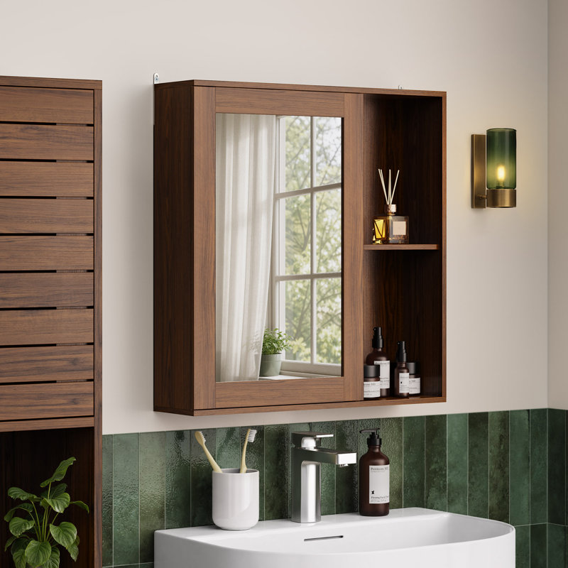 Chester Wall Mounted Bathroom Mirror Cabinet, Dark Wood