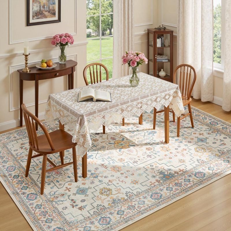 Tapis médaillon vintage crème 5 pi x 7 pi pour salon