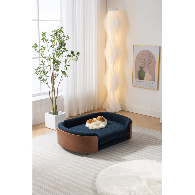 Canapé pour chien en bois massif Inira, L 26,38 po x P 16,14 po x H 9,84 po, Bleu foncé / noyer