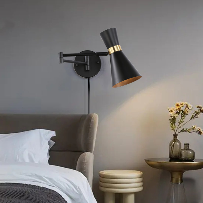 Industrial Plug-in Swing Arm Black Gold Wall Lamp, Vintage Metal Rustic Retro Adjustable