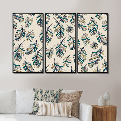 Green Boho Feathers - 3 pièces, reproduction sur toile