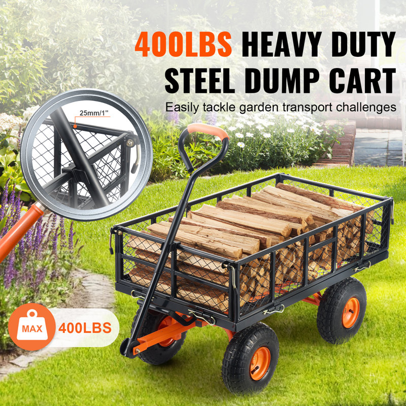Heavy Duty Black and Orange Steel Garden Dump Cart with Adjustable Handle