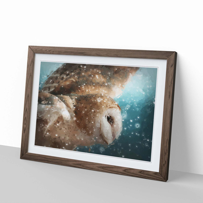 Barn Owl in the Snow in Abstract - Picture Frame Painting Print, Walnut Framed, 27cm H x 36cm W x 2cm D