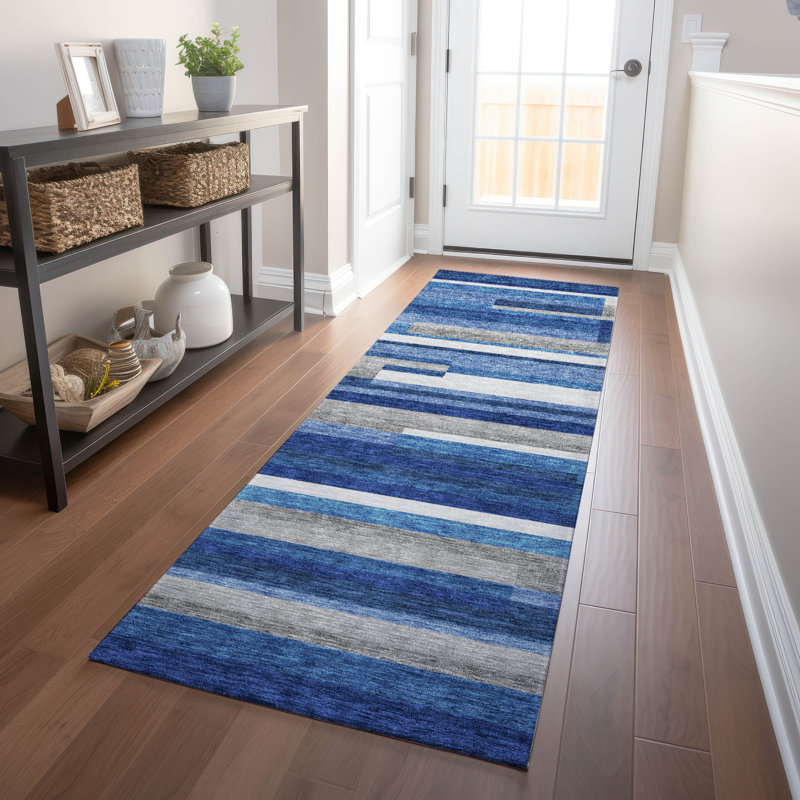 Tapis bleu Prisco lavable à la machine de qualité supérieure, Tapis de couloir 2 pi 3 po x 7 pi 6 po