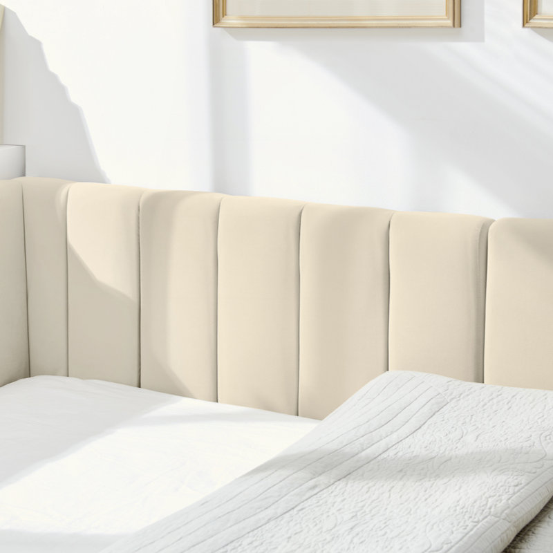 Reversible L-Shape Upholstered Platform Bed With Velvet Fabric Design, Beige