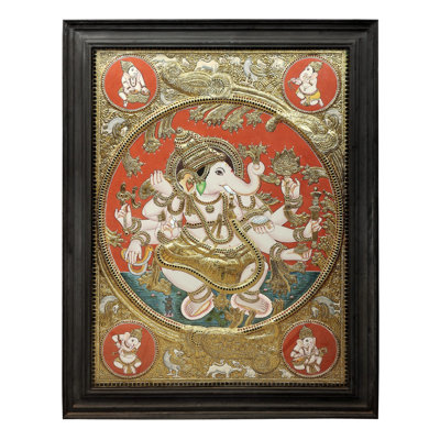 «Large Lord Dancing Ganesha Tanjore», peinture | Couleurs traditionnelles avec or 24 carats | Structure en bois de teck