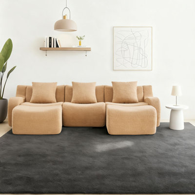Modern Compressed Boneless Teddy Fabric Upholstered 3-Seater Sectional Sofa with 2 Ottoman