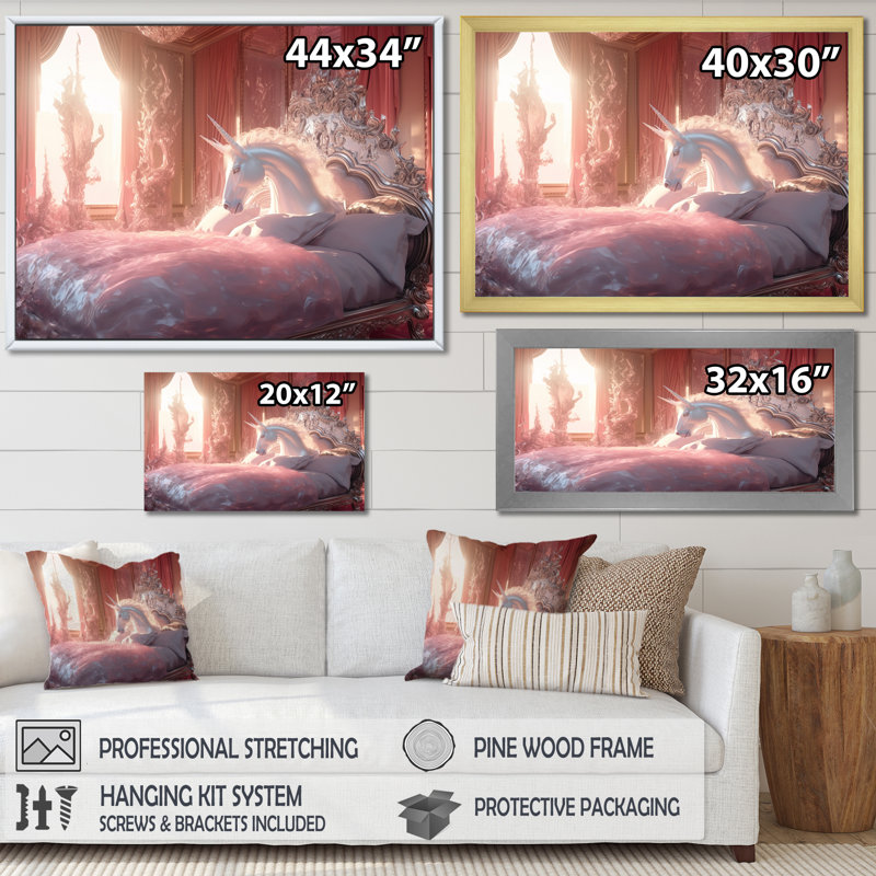 Lit de licorne gracieux sur toile, Cadre flottant blanc, H 16 po x l 32 po x P 1 po