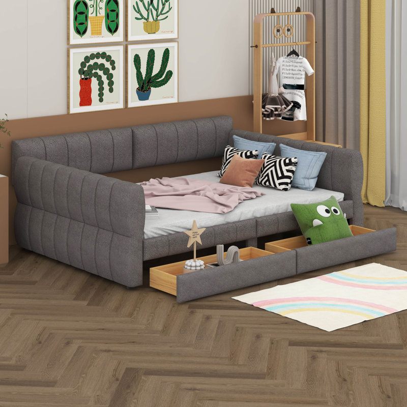 Queen Size Lambswool Upholstery Daybed With 2 Drawers, Corner Sofa Bed Frame With USB For Living Room, Bedroom, Gray