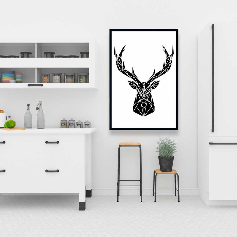 Geometric Deer Head - White Framed Canvas Home Decor