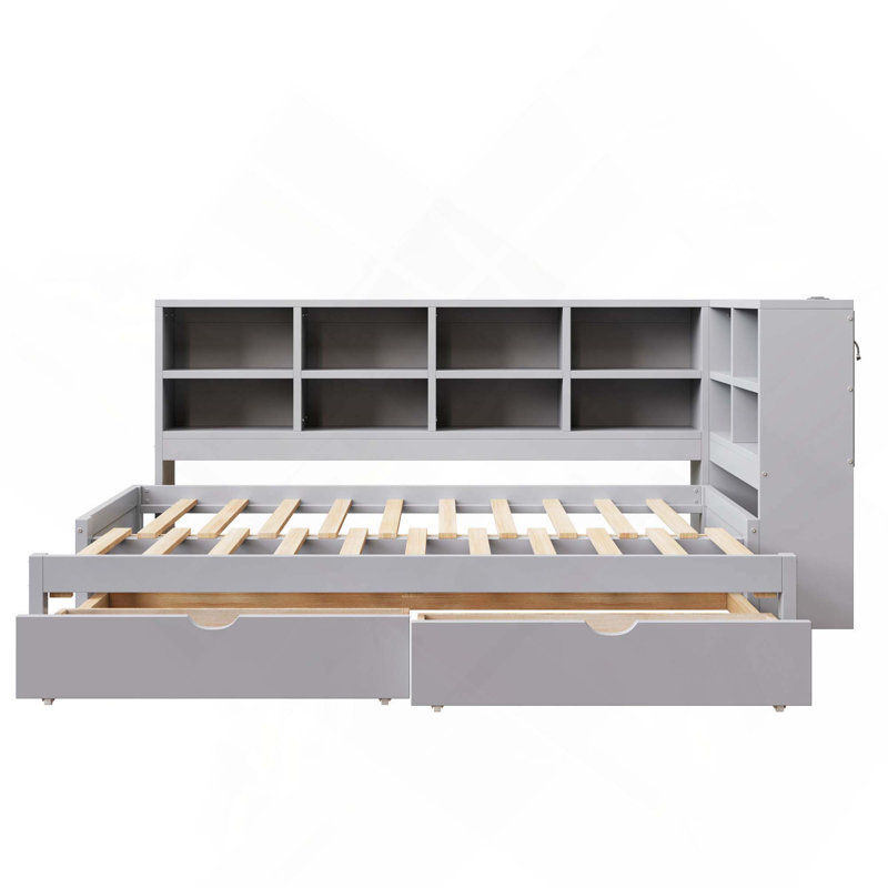 Twin XL To King Daybed With 2 Storage Drawers, Storage Cabinets, LED Light And USB Ports, Gray