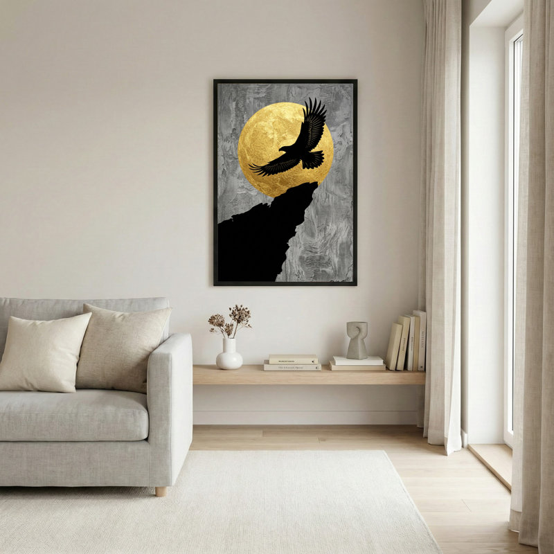 Toile noire encadrée en bois noir pour le salon, la chambre à coucher, le bureau ou le vestibule - décoration murale décorative avec aigle de lune
