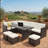 7 Piece  Wicker Outdoor Dining Set,  9-Seat  Outdoor Sectional Beige Cushions Sofa With Ottomans & Dining Table For Porch Backyard Garden-1944554544
