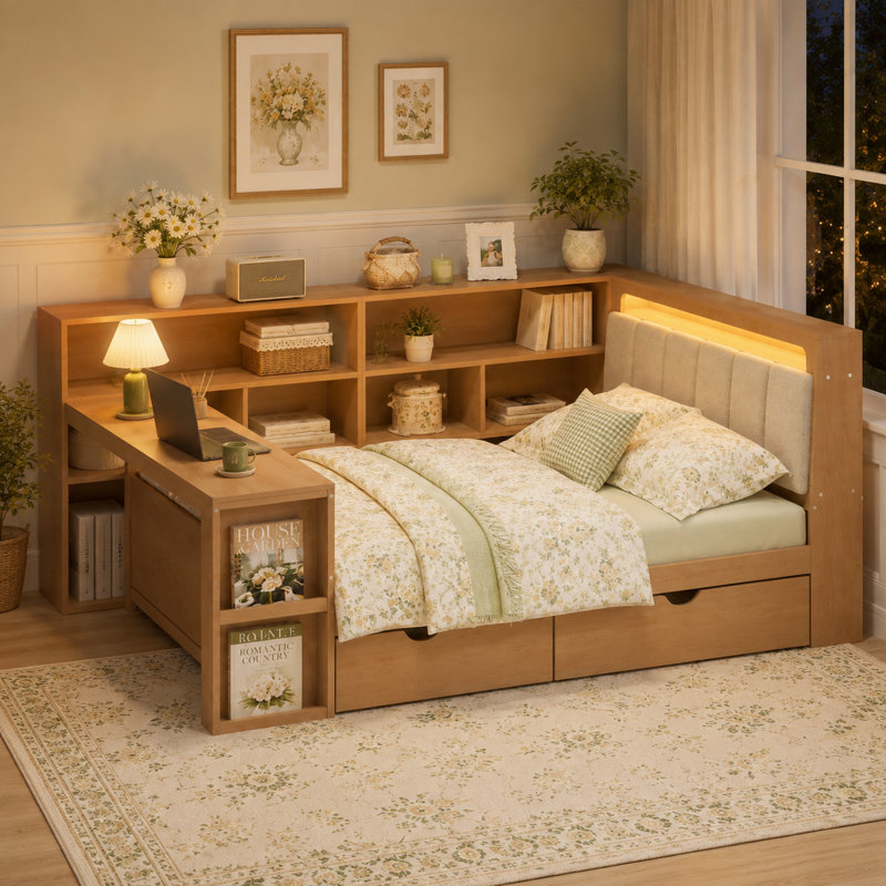 Lit de jour en bois en forme de L avec bureau intégré, bibliothèque de rangement, tête de lit rembourrée, bande lumineuse DEL et tiroirs sous le lit.