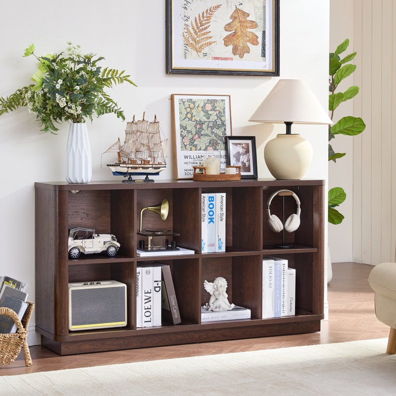 8 Cube Storage Book Shelf, 52" Long Horizontal Bookshelf with Curved Edge, Floor Standing Wooden Cubby Bookcase with Base, Modern Low Console Book Case, TV Stand for Living Room