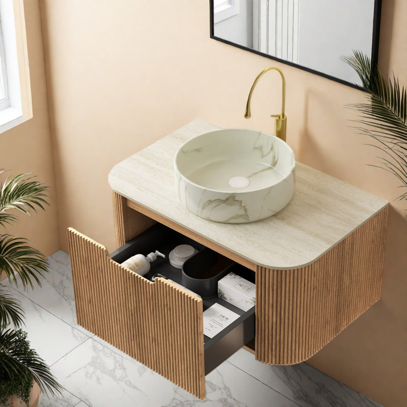Meuble-lavabo et lavabo flottant moderne, finition bois durable, solution de salle de bain peu encombrante