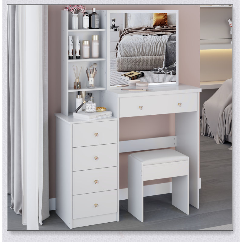 37-Inch Vanity Table With Cushioned Stool, Extra Large Sliding Mirror, And Multi-Layer Storage For Large Spaces, White