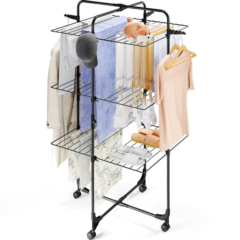 Séchoir à vêtements, support à linge pliable à 3 niveaux, station de séchage pour vêtements avec roues et 4 crochets, utilisation à l'intérieur et à l'extérieur, séchoir à linge