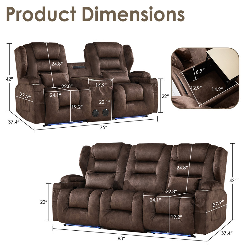 Ensemble de canapé inclinable en tissu de velours 2 pièces avec porte-gobelet de rangement et station de charge, Brown
