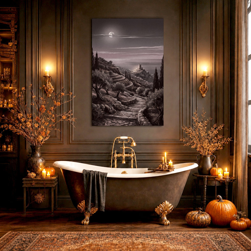 Tableau sur toile d'Halloween représentant une tour côtière au clair de lune et des cyprès, 48"H x 32"W