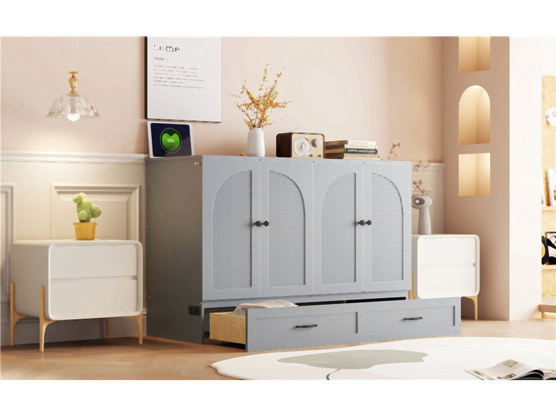 Lit escamotable avec grands tiroirs Murphy, Gris, Lit double