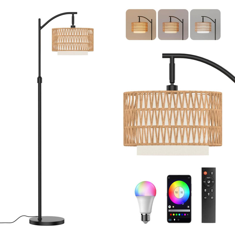 Boho Floor Lamp - Arched Floor Lamps For Living Room, Farmhouse Floor Lamp With  Temperature  Standing Lamp With Rattan & Fabric Double Shade Bohemian Rattan Floor Lamps For Bedroom Office