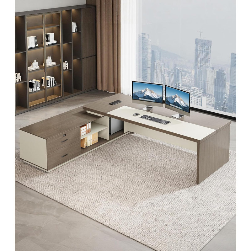 Bureau de direction en L avec tiroirs, bureau de direction avec classeur, bureau en bois manufacturé 78 pièces * 63 * 29,5 pouces brun / blanc avec prise de courant