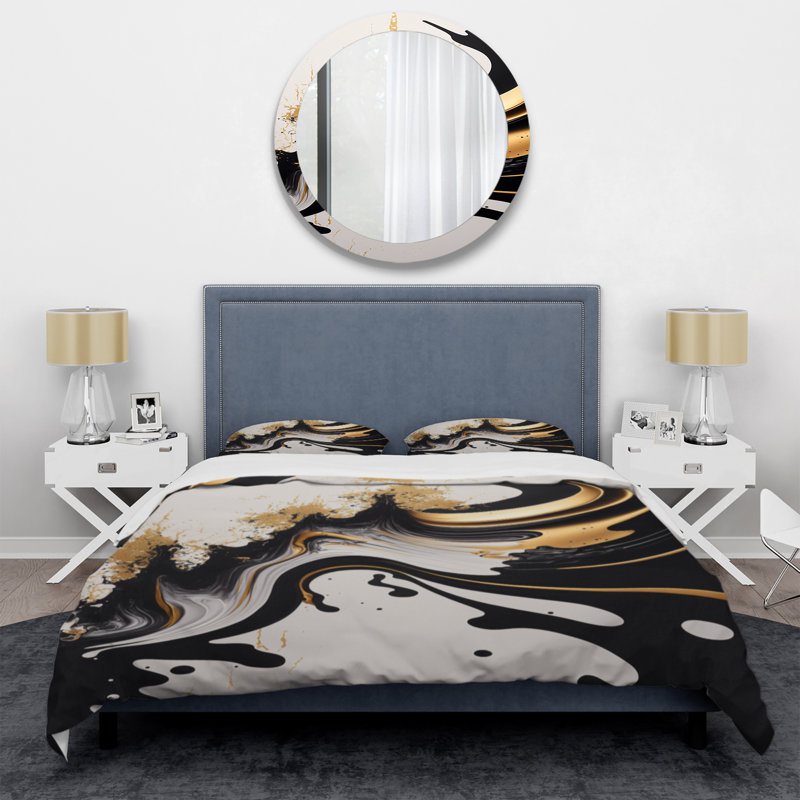 Ensemble de housse de couette en microfibre / polyester noir et doré, Housse de couette pour très grand lit et 2 très