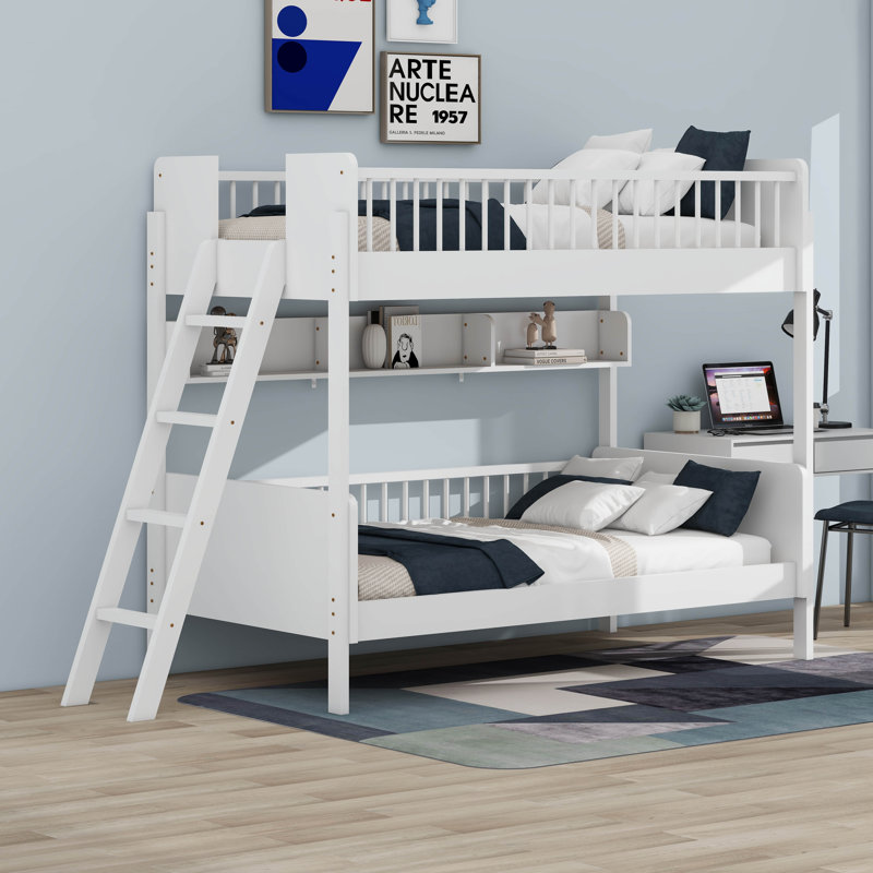 Lit superposé simple en bois avec 3 tablettes de rangement, Blanc