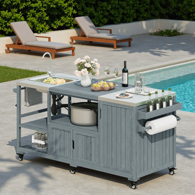 Outdoor Kitchen Island With Sink, Stainless Steel Top, Storage Cabinets, And Internal Storage Racks