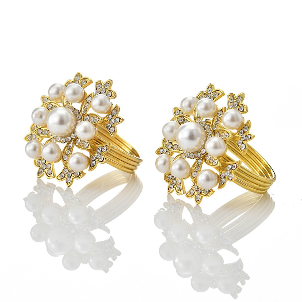 Gold Napkin Rings Set with Stylized Floral Perl Design for Elegant Kitchen and Dining Table Decor (Set of 4) Rosdorf Park