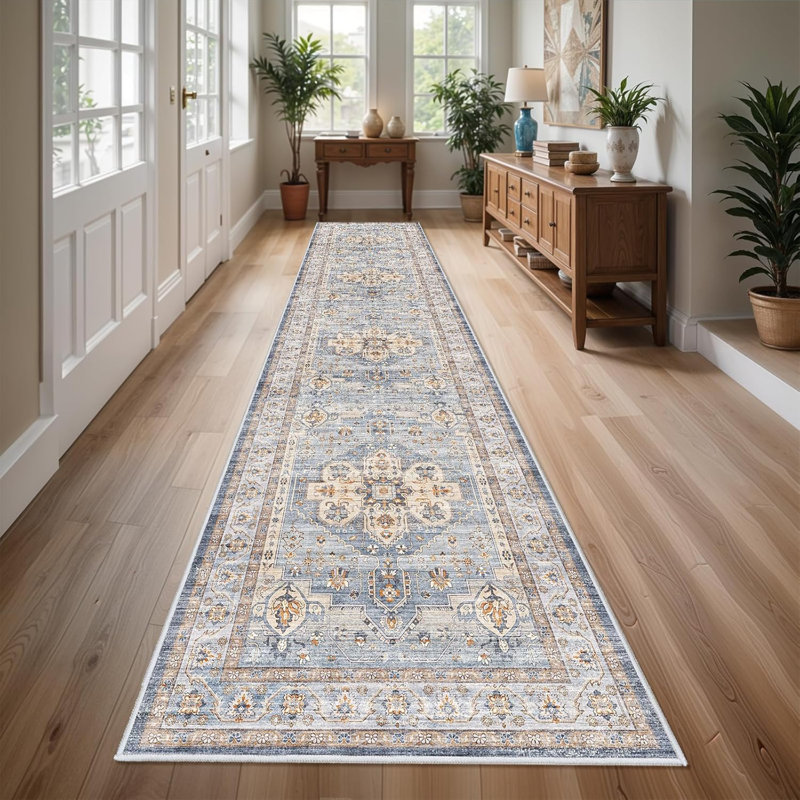 Washable Hallway Rug: Non Slip Rugs with Rubber Backing Soft Kitchen Rug Farmhouse Distressed Carpet for Living Room Bedroom Bathroom (Blue)