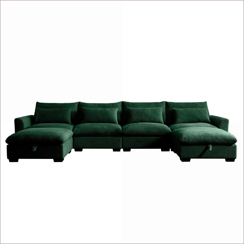 Canapés modulaires pour salon / chambre à coucher, siège profond en U à 4 places avec tabourets de rangement et amp; Coussins de taille | Velours côtelé | Vert forêt